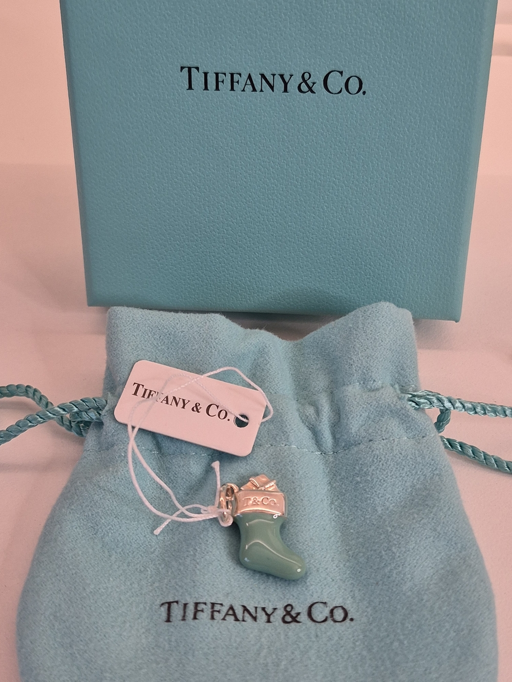 Tiffany & Co. Sterling Silver Blue Enamel Christmas Stocking Charm, New In Box